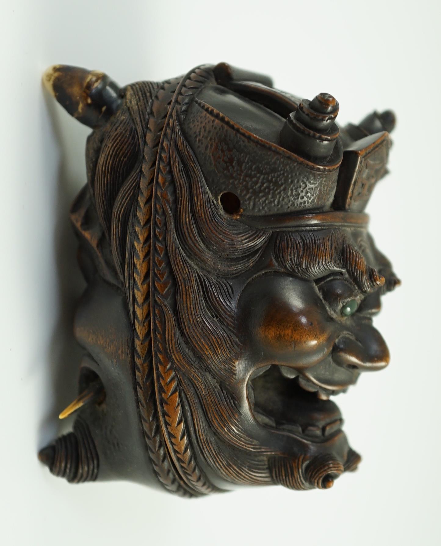 An unusual Japanese double noh mask wood container, early 20th century, 6.6 cm high, tiny losses